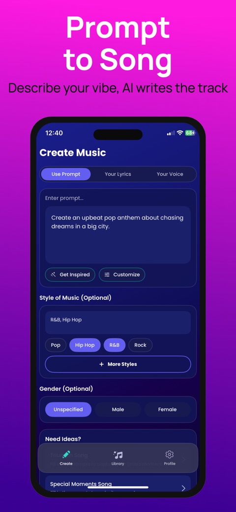 Tune Music Create Music screen with Use Prompt and Style of Music controls